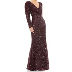 Mac Duggal. Puff Shoulder Sequined Surplice Gown.